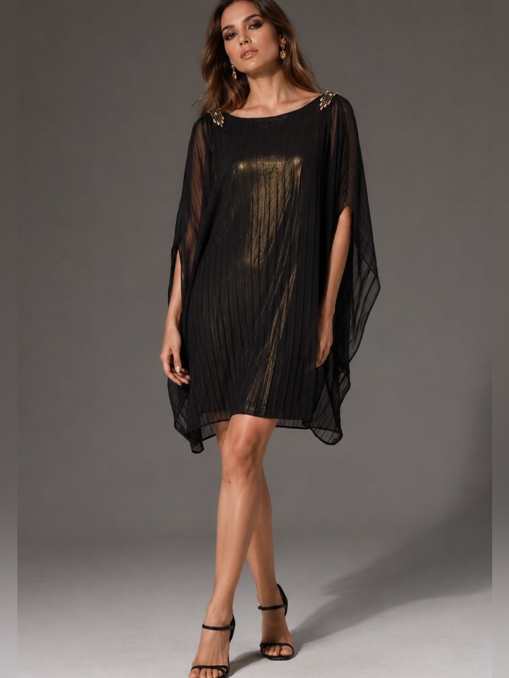 Aidan Mattox Black Sheer Pleated Gold Metallic Knee Length Cocktail Dress 2